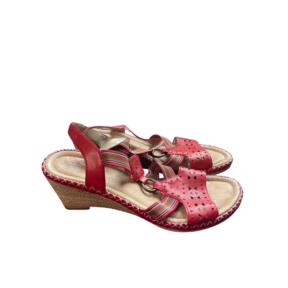 Remonte Soft Red Leather Wedge Sandals Laser Cut Elastic Straps Womens 42 US 10